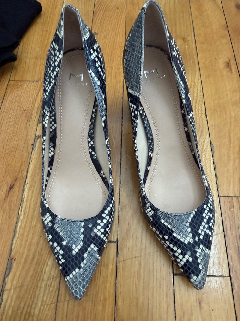 Marc Fisher Pointed Snake-Print Flats in Black and Cream